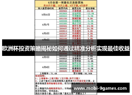 欧洲杯投资策略揭秘如何通过精准分析实现最佳收益