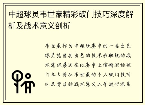 中超球员韦世豪精彩破门技巧深度解析及战术意义剖析