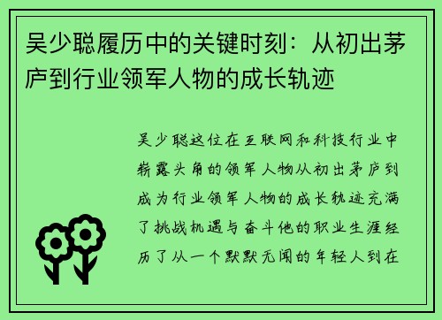 吴少聪履历中的关键时刻：从初出茅庐到行业领军人物的成长轨迹