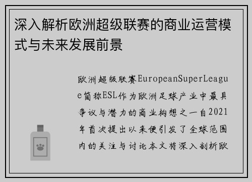深入解析欧洲超级联赛的商业运营模式与未来发展前景